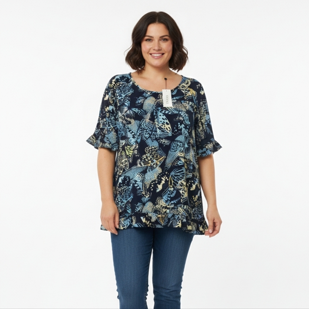 Evans Top Rivka Frill Women's Blue Butterfly Print Plus Size 20‎